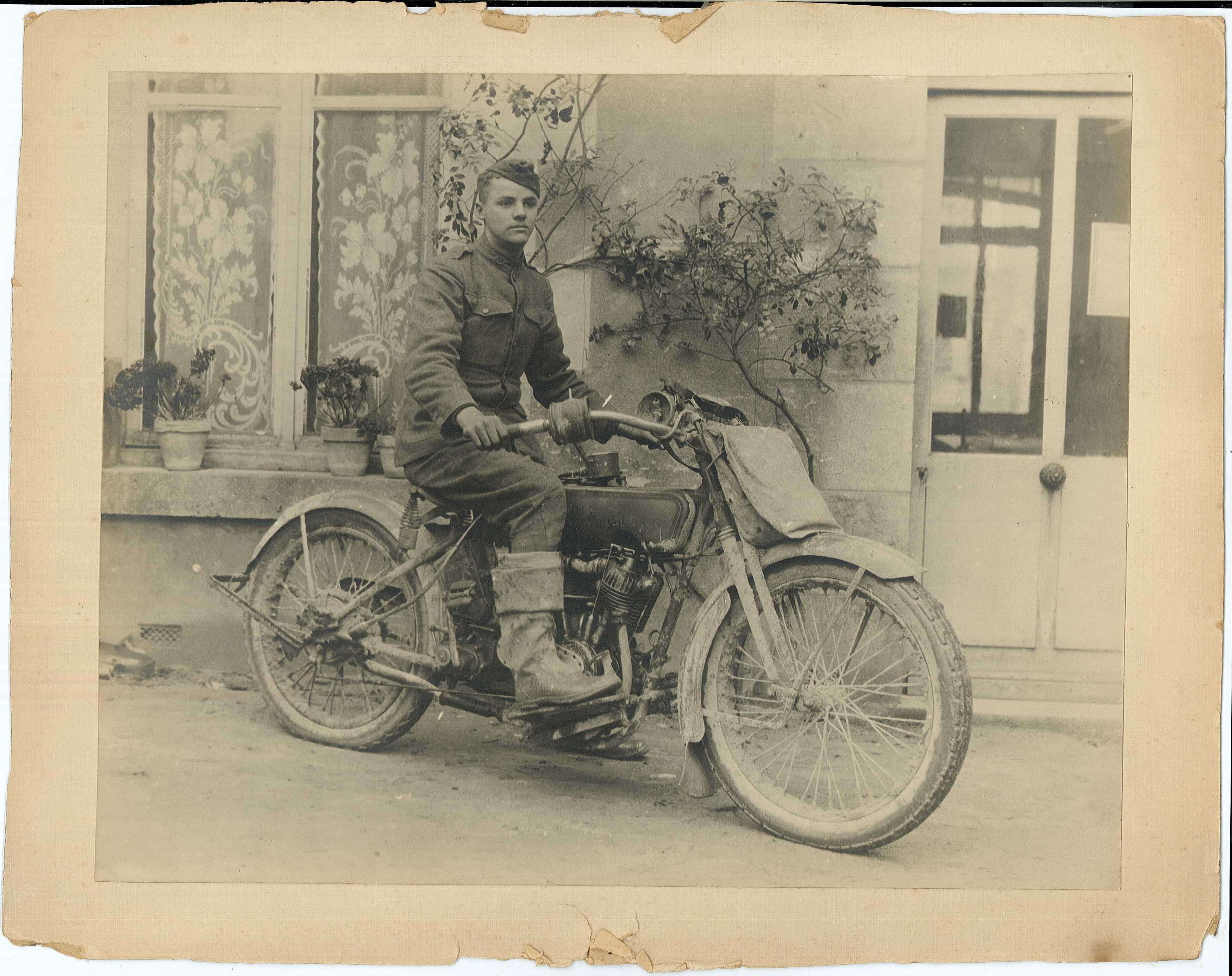 58c176adce94c Carlton Stevens on his Harley Davidson Service Motorcycle in France 1919