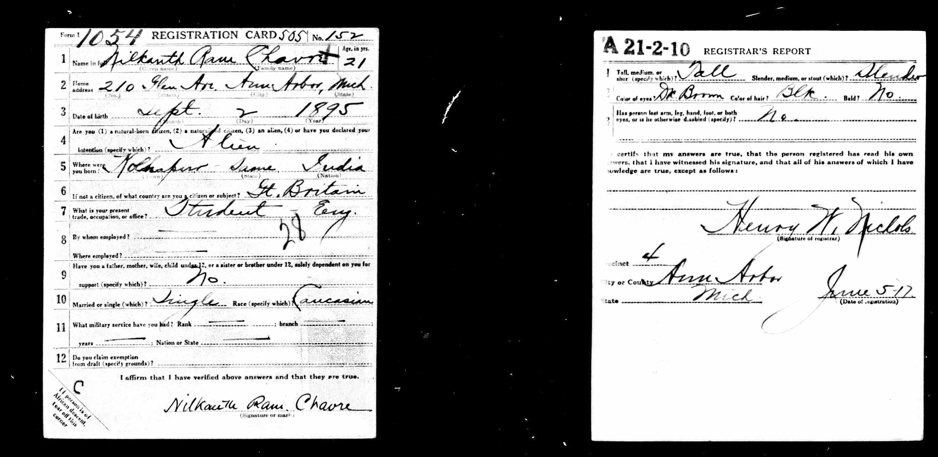5a5c1adc503d0 Nilkanth Ram Chavre WWI draft card