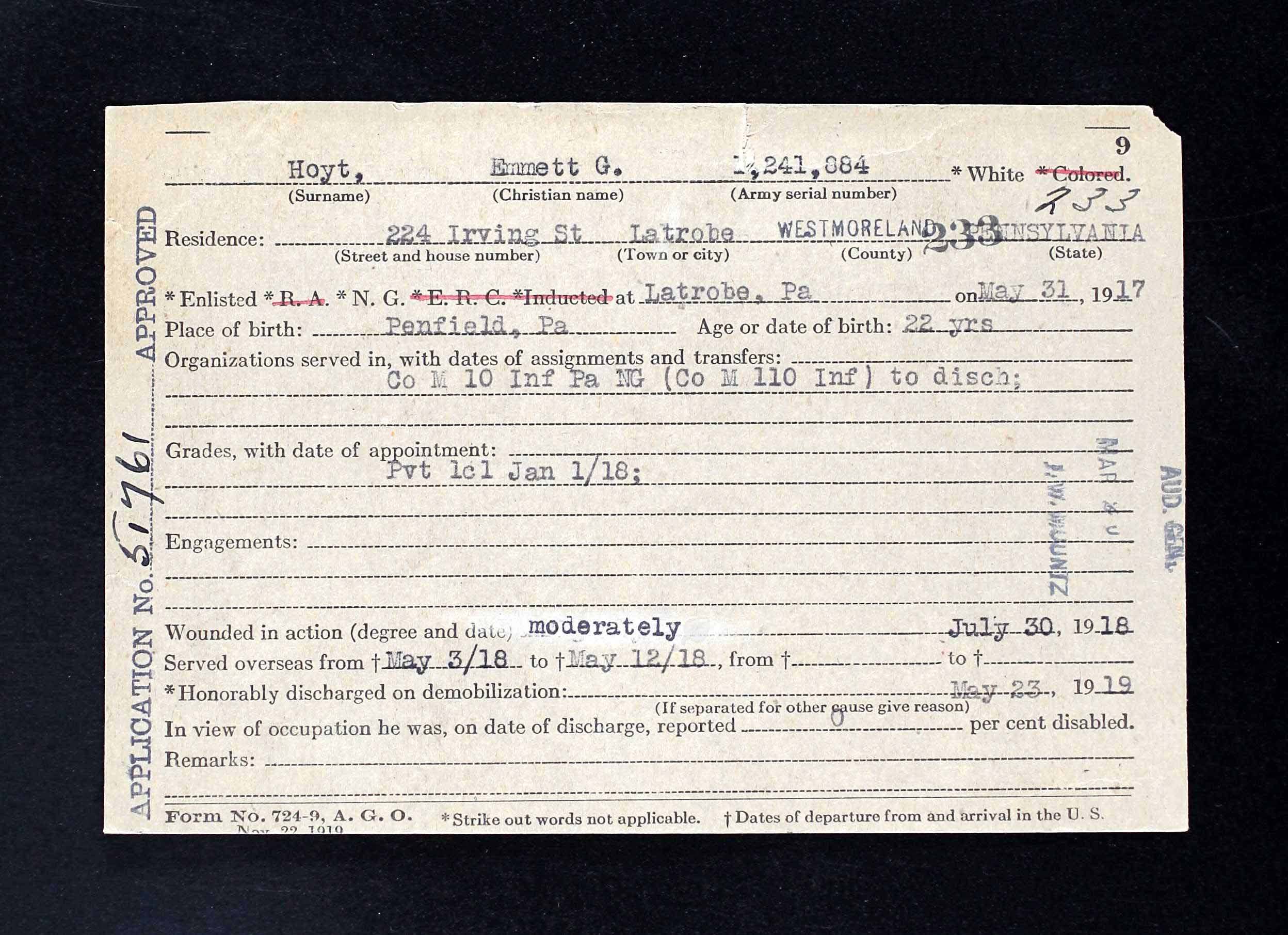 5ad62aaa84513 EG Hoyt WWI Veterans Service and Compensation Card