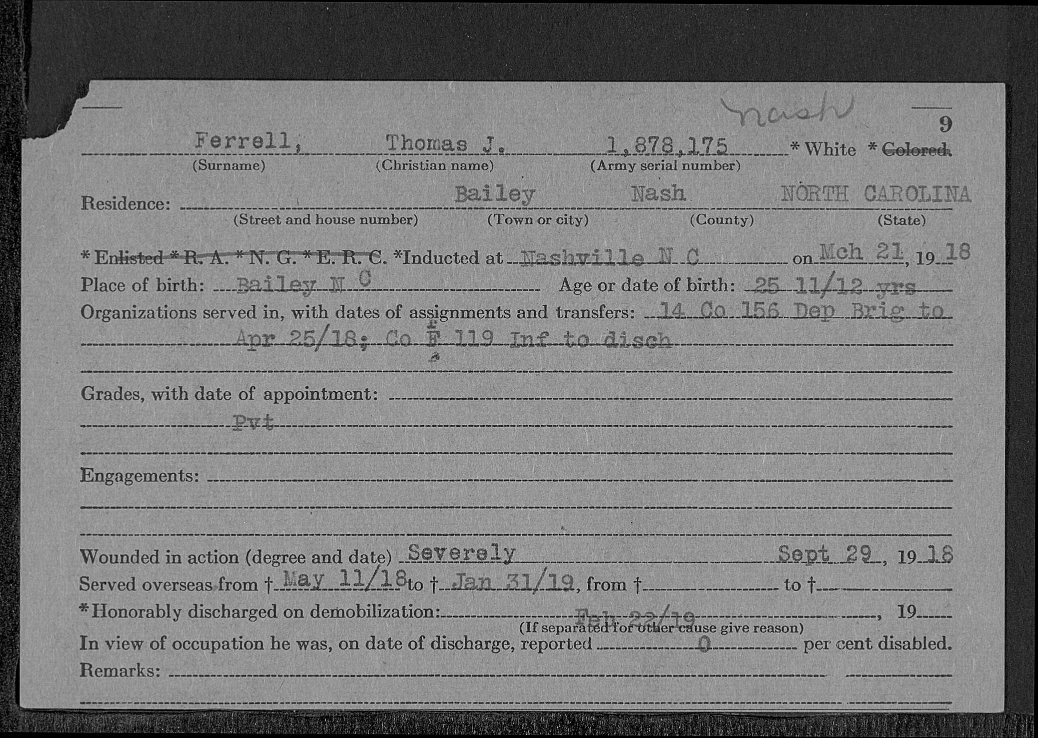 Thomas Ferrell Service Card