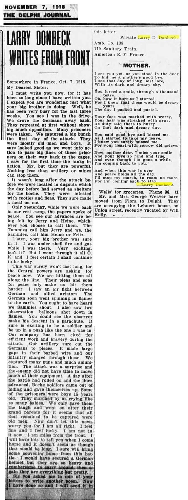 5c292fc02d8c0 A Glimpse of WorldWarI as LarryBonbeckwritestohissisterfrom Francein1918