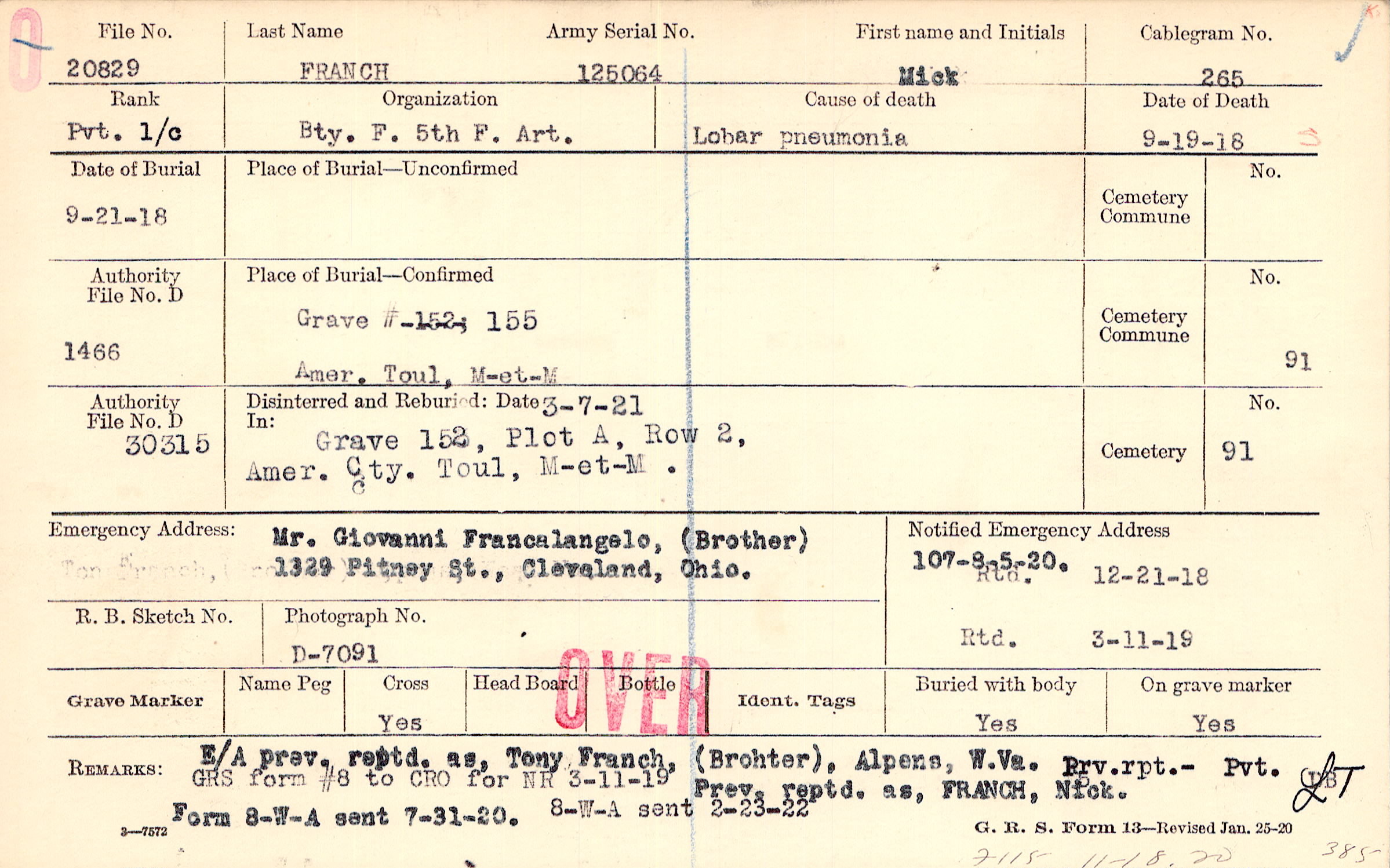 Francalangia Burial card front