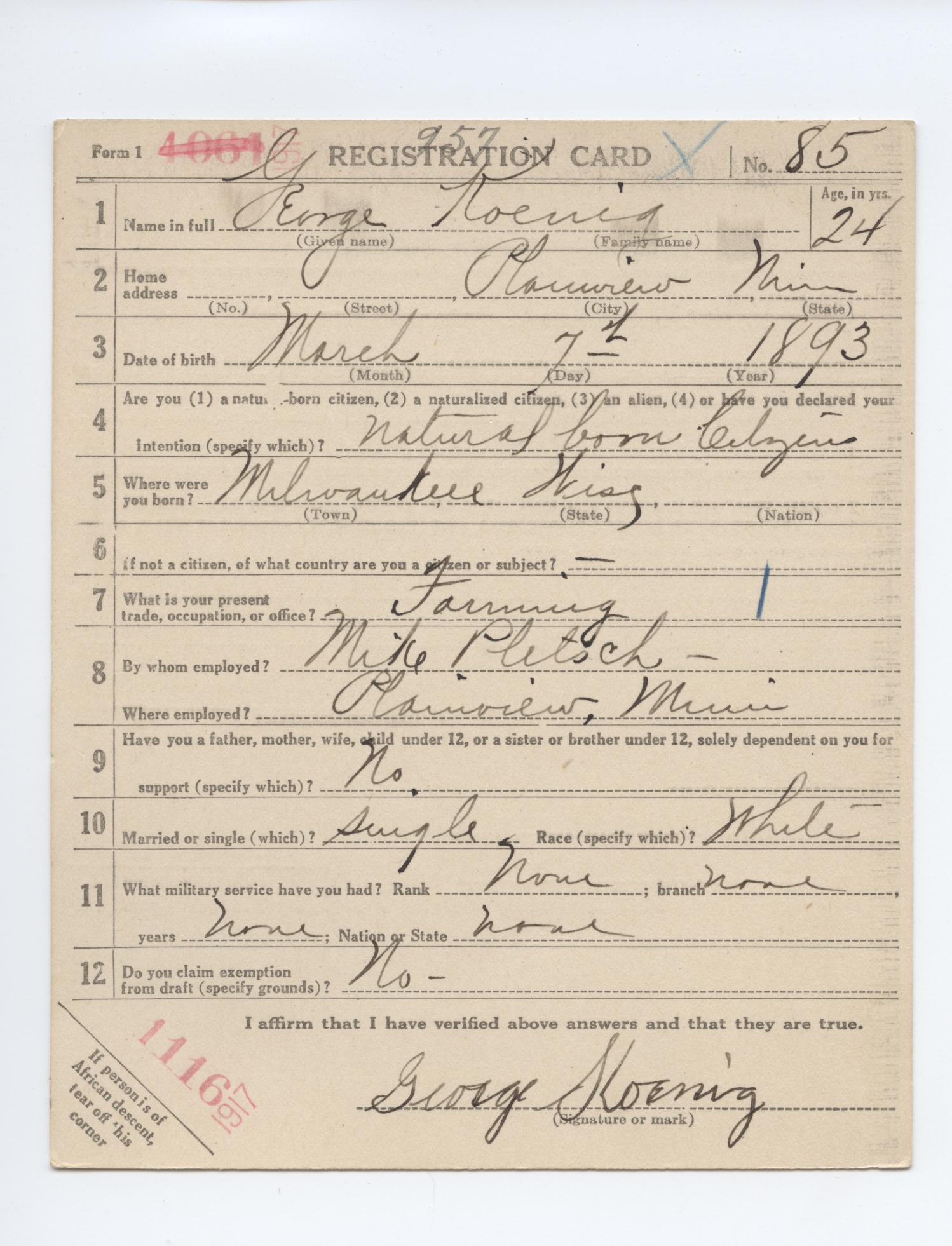 GKoenig_WWI_Draft_Card_Front
