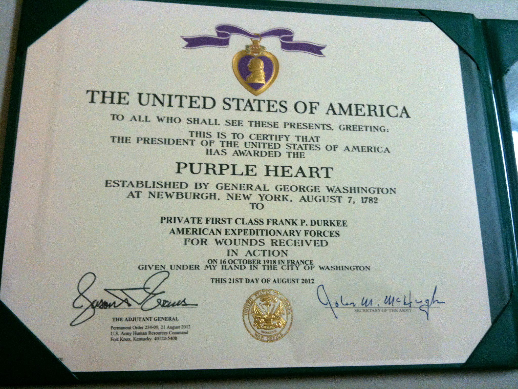 Frank P Durkee Purple Heart
