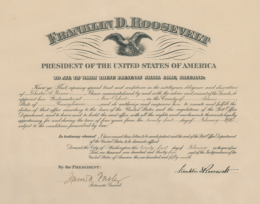Chester 1939 Postmaster Appointment