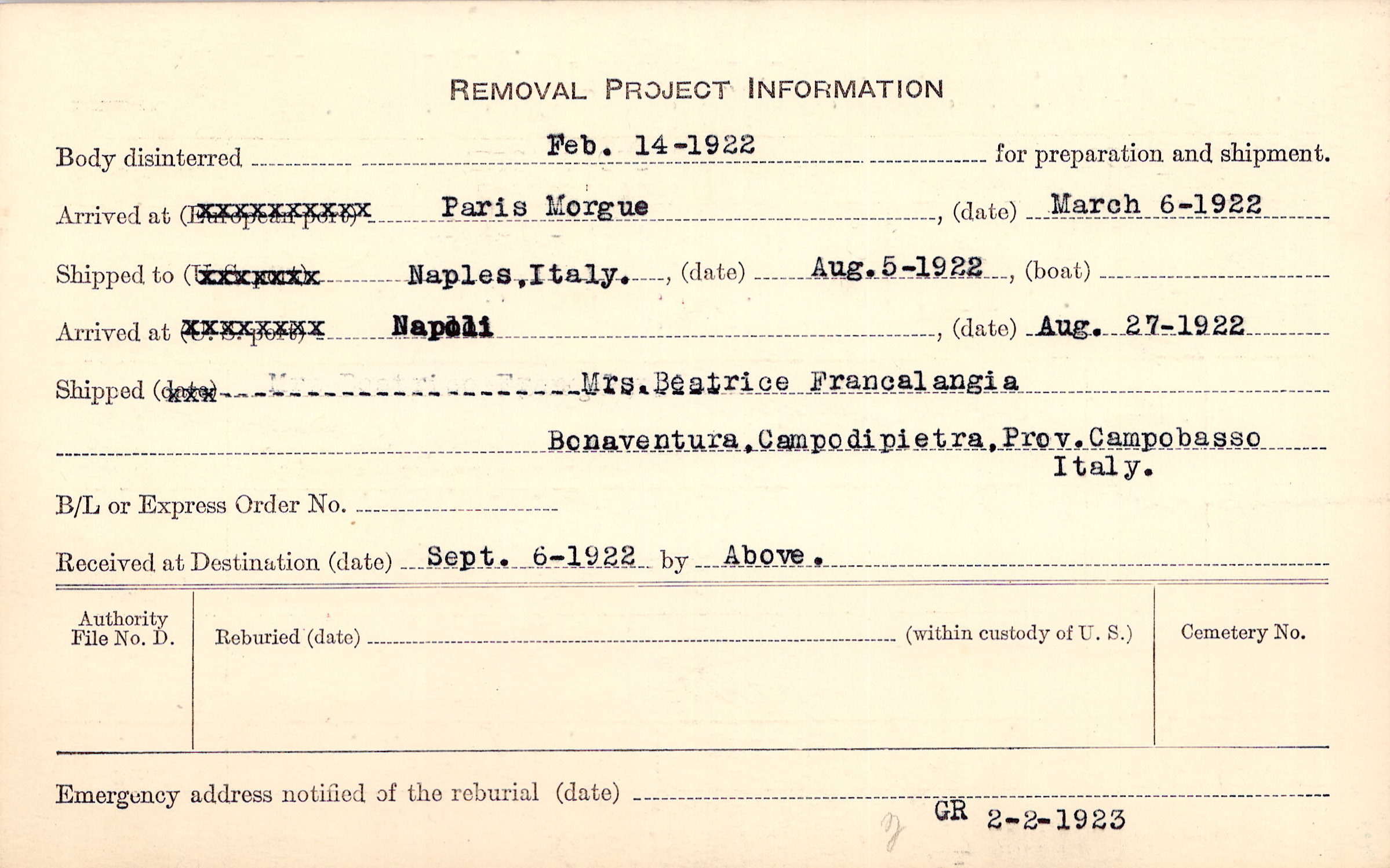 Francalangia Burial card back