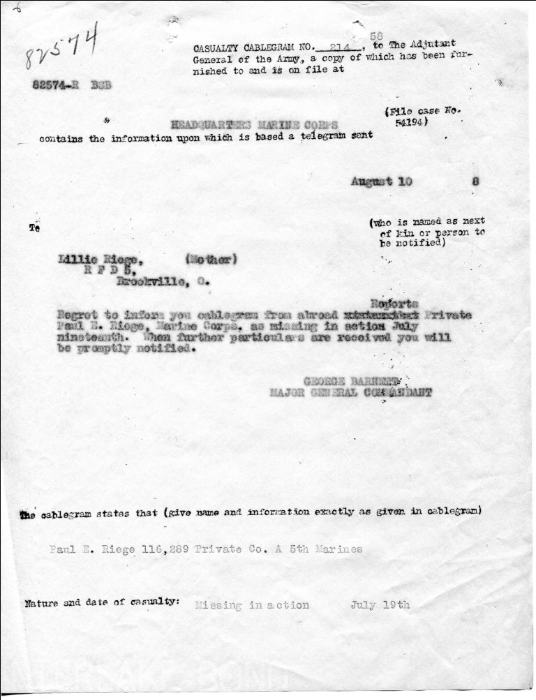 Riege MIA letter