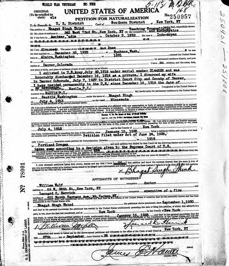 Bhagat Singh Thind naturalization papers
