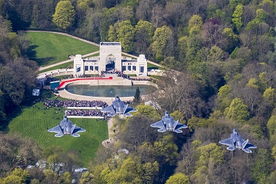 Four F-22 Raptors conduct a flyover for the Lafayette Escadrille Memorial ceremony last week.