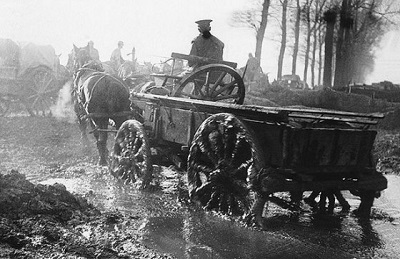 Horses pull supply carts in all weather conditions, date uncertain. Horses pull supply carts in all weather conditions, date uncertain.