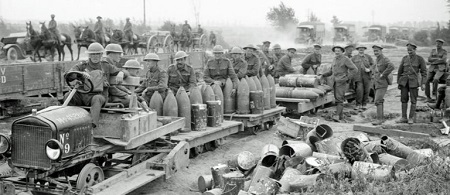 Artillery shells arrive at British positions near the Somme by rail, spring 1916. Artillery shells arrive at British positions near the Somme by rail, spring 1916.