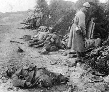 French soldiers, victims of German bombardment at Verdun, spring 1916.