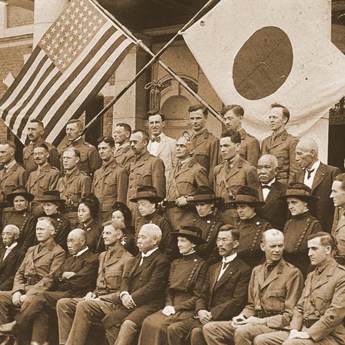 In WWI Japan fought on the side of the allies, declaring war in August 1914. Here Japanese and American Doctors and Nurses gather for a photo.