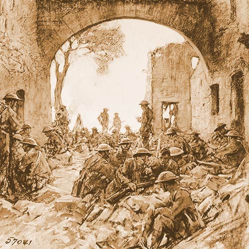Troops waiting to advance at Hatton Chattel, St. Mihiel Drive - Drawing by Capt. W. J. Aylward 