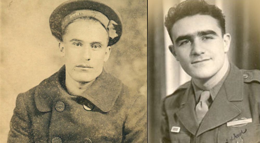 Left, Seaman Bonnie Roy Howerton, U.S. Navy 1917-1918, the author's father. Right, the author, Sgt. Allan Howerton in November 1945