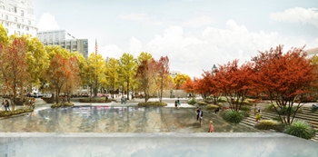 View from wall to Pershing statue with trees
